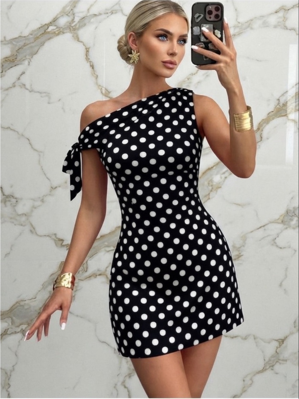 Polka Dot One-Shoulder Mini Dress - Black/White